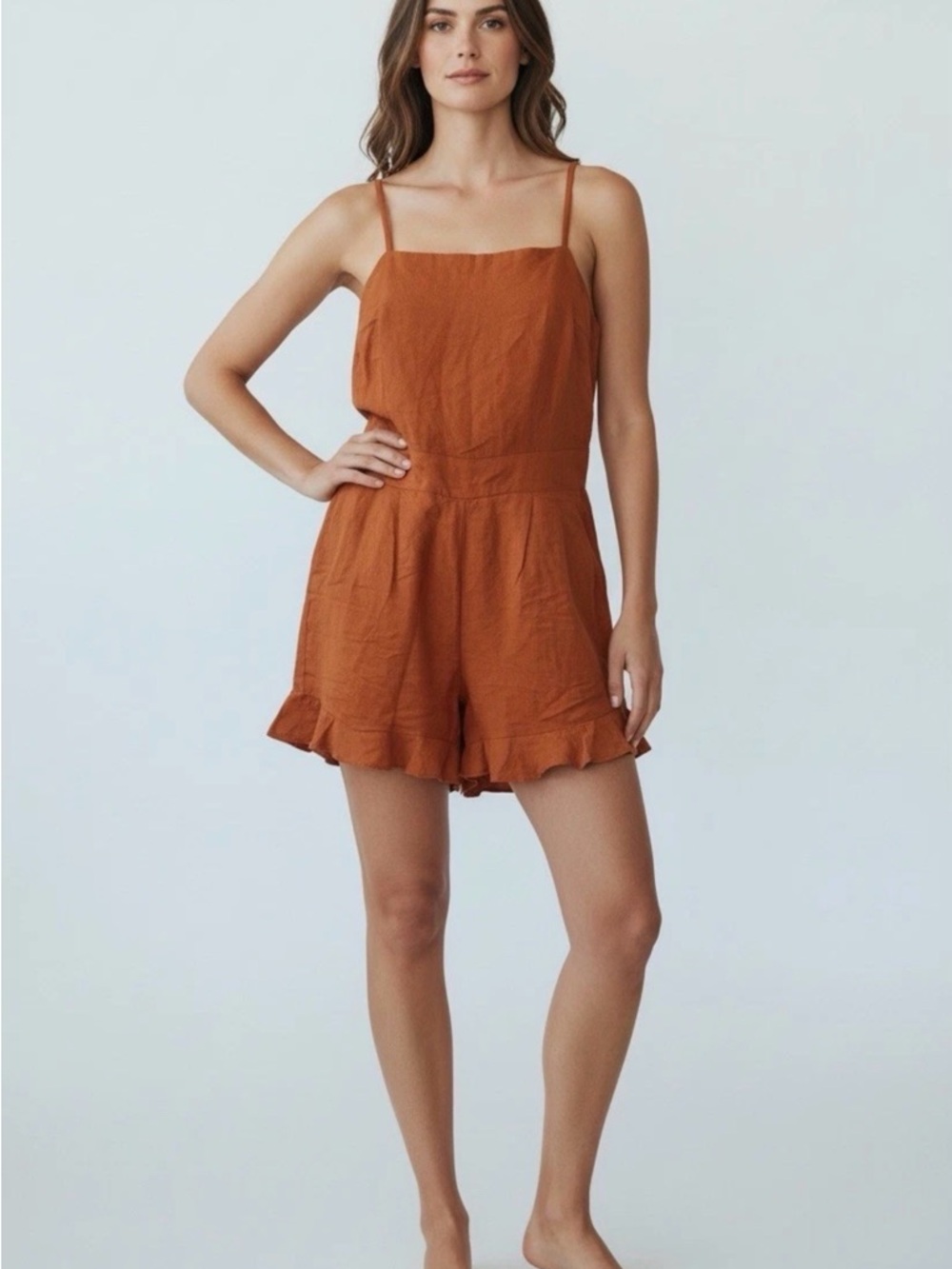 Loft Rust Orange Ruffle Hem Linen Romper